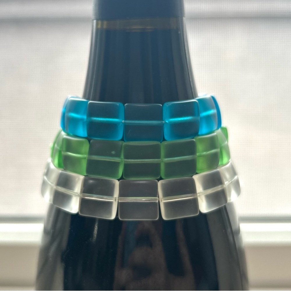 Blue, Green and Clear Frosted Glass Bead Bracelets with Silver Clasps